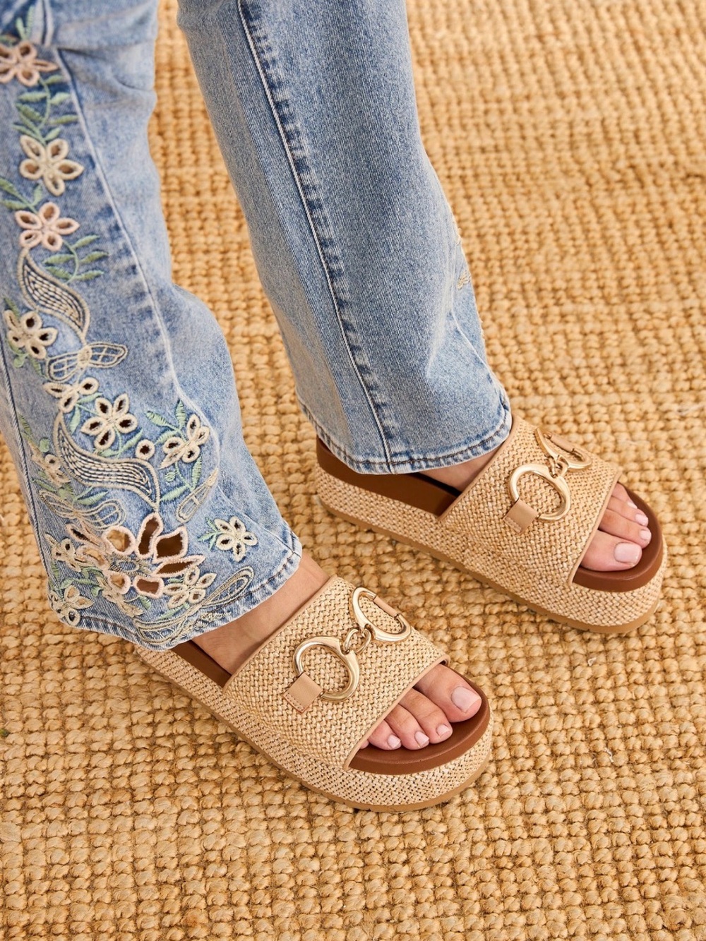 Woven Raffia Platform Slide Sandals - Natural Tan - Picture 2 of 2